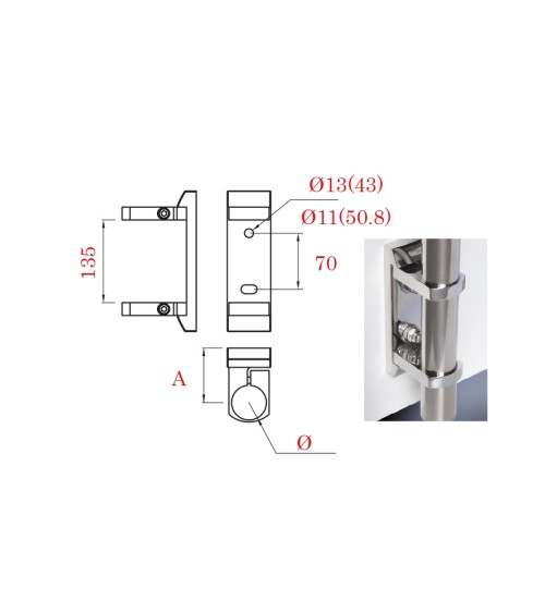Soporte Rectangular de Acero Inoxidable 316 Brillo y Satinado a Pared para Sujección Doble de Poste Redondo