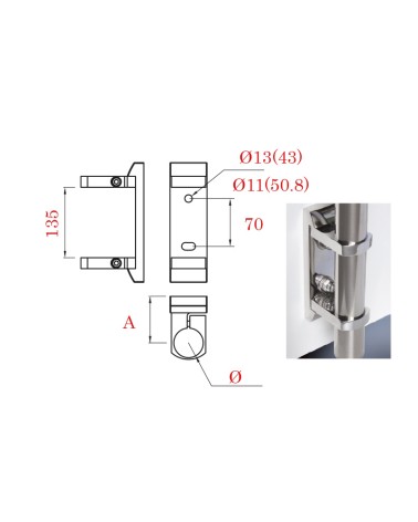 Soporte Rectangular de Acero Inoxidable 316 Brillo y Satinado a Pared para Sujección Doble de Poste Redondo
