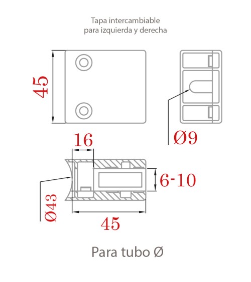 Pinza con Tope Intercambiable IZQ y DCHA en Acero Inoxidable 316 Brillo y Satinado para Redondo 43 mm