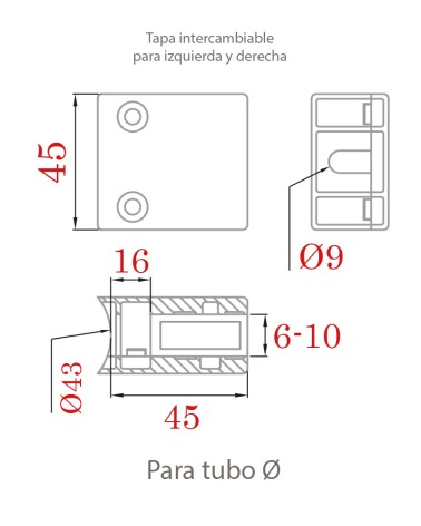 Pinza con Tope Intercambiable IZQ y DCHA en Acero Inoxidable 316 Brillo y Satinado para Redondo 43 mm
