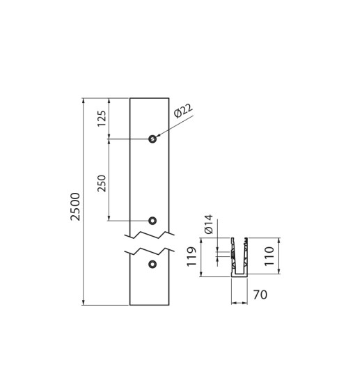 Perfil Lateral de Aluminio para Fijación de Barandillas de Cristal - Montaje sobre el Canto