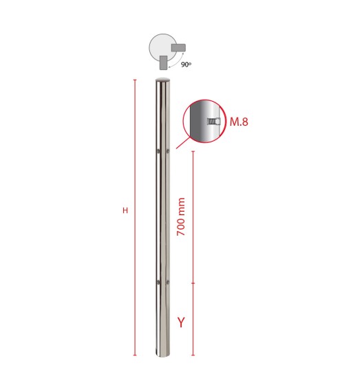 Poste Redondo 43 mm de Acero Inoxidable 316 Brillo y Satinado con Rosa Métrica M8 a 90º