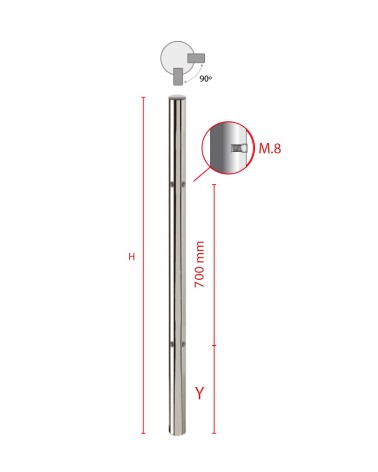 Poste Redondo 43 mm de Acero Inoxidable 316 Brillo y Satinado con Rosa Métrica M8 a 90º