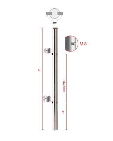 Poste Redondo 43 mm de Acero Inoxidable 316 Brillo y Satinado con Rosa Métrica M8 a 180º