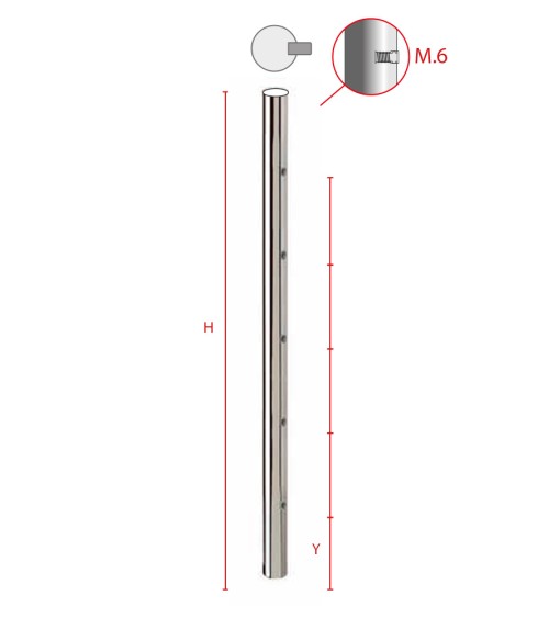 Poste Redondo 43 mm de Acero Inoxidable 316 Brillo y Satinado con Rosa Métrica M6 Lateral