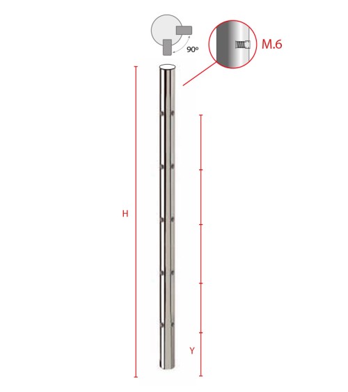 Poste Redondo 43 mm de Acero Inoxidable 316 Brillo y Satinado con Rosa Métrica M6 a 90º