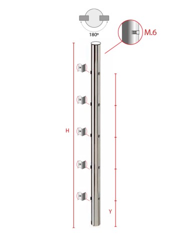 Poste Redondo 43 mm de Acero Inoxidable 316 Brillo y Satinado con Rosa Métrica M6 a 180º