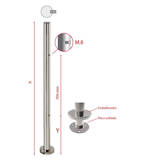 Poste Redondo 43 mm de Acero Inoxidable 316 Brillo y Satinado con Rosa Métrica M8 Lateral y Anclaje en la Base