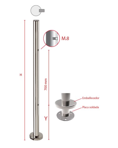Poste Redondo 43 mm de Acero Inoxidable 316 Brillo y Satinado con Rosa Métrica M8 Lateral y Anclaje en la Base