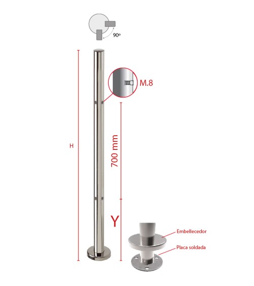 Poste Redondo 43 mm de Acero Inoxidable 316 Brillo y Satinado con Rosa Métrica M8 a 90º y Anclaje en la Base