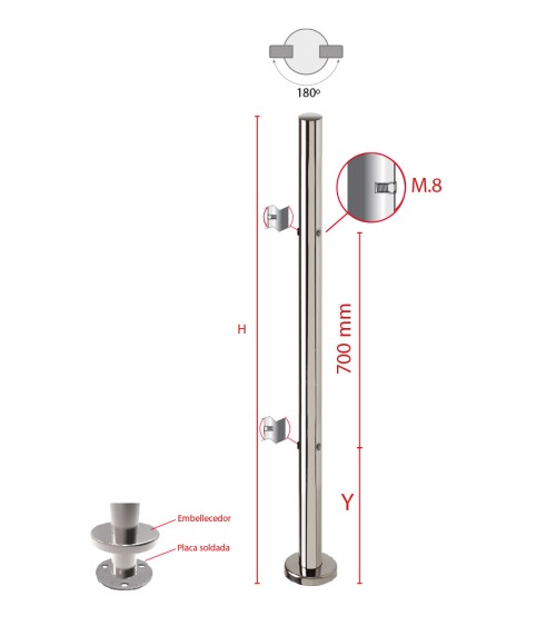 Poste Redondo 43 mm de Acero Inoxidable 316 Brillo y Satinado con Rosa Métrica M8 a 180º y Anclaje en la Base
