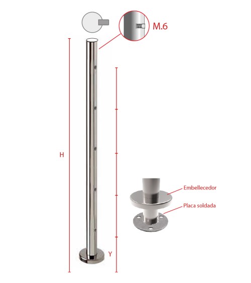 Poste Redondo 43 mm de Acero Inoxidable 316 Brillo y Satinado con Rosa Métrica M6 Lateral y Anclaje en la Base