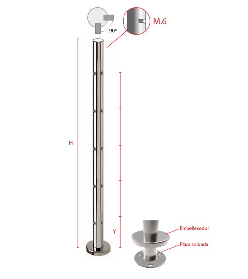 Poste Redondo 43 mm de Acero Inoxidable 316 Brillo y Satinado con Rosa Métrica M6 a 90º y Anclaje en la Base