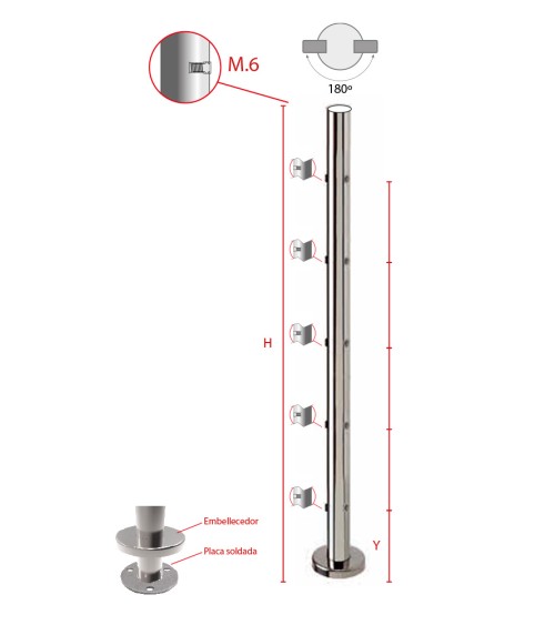Poste Redondo 43 mm de Acero Inoxidable 316 Brillo y Satinado con Rosa Métrica M6 a 180º y Anclaje en la Base