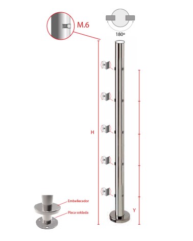 Poste Redondo 43 mm de Acero Inoxidable 316 Brillo y Satinado con Rosa Métrica M6 a 180º y Anclaje en la Base