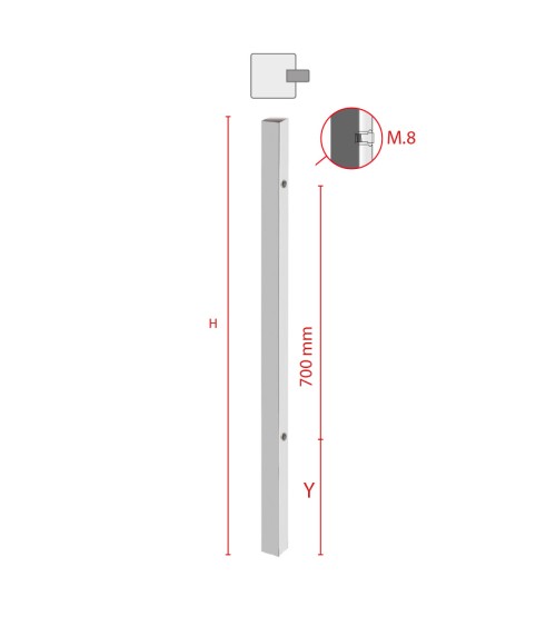 Poste Cuadrado 40 mm de Acero Inoxidable 316 Brillo y Satinado con Rosa Métrica M8 Lateral
