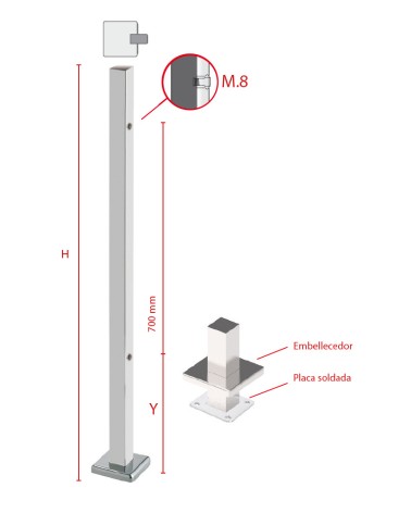 Poste Cuadrado 40 mm de Acero Inoxidable 316 Brillo y Satinado con Rosa Métrica M8 Lateral y Anclaje en la Base