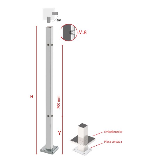 Poste Cuadrado 40 mm de Acero Inoxidable 316 Brillo y Satinado con Rosa Métrica M8 a 90º y Anclaje en la Base