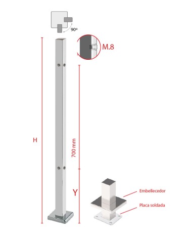 Poste Cuadrado 40 mm de Acero Inoxidable 316 Brillo y Satinado con Rosa Métrica M8 a 90º y Anclaje en la Base