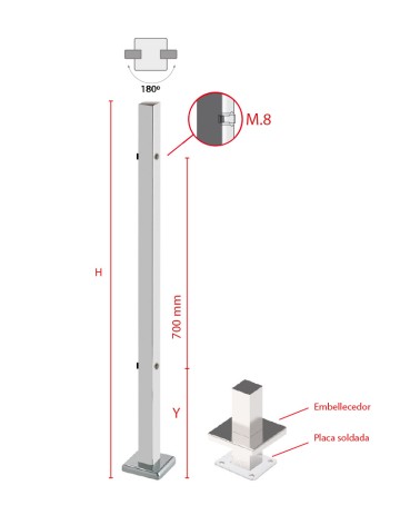 Poste Cuadrado 40 mm de Acero Inoxidable 316 Brillo y Satinado con Rosa Métrica M8 a 180º y Anclaje en la Base