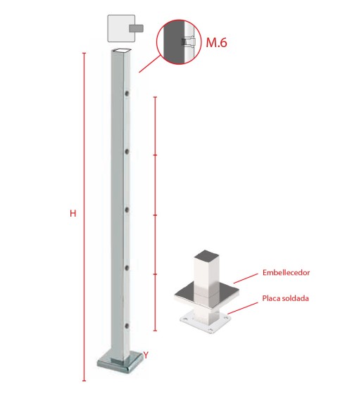 Poste Cuadrado 40 mm de Acero Inoxidable 316 Brillo y Satinado con Rosa Métrica M6 Lateral y Anclaje en la Base