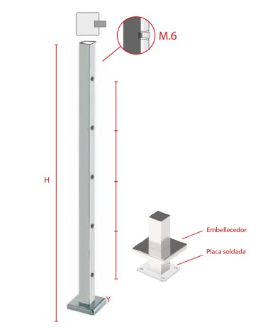 Poste Cuadrado 40 mm de Acero Inoxidable 316 Brillo y Satinado con Rosa Métrica M6 Lateral y Anclaje en la Base