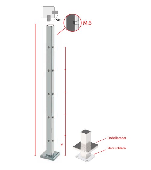 Poste Cuadrado 40 mm de Acero Inoxidable 316 Brillo y Satinado con Rosa Métrica M6 a 90º y Anclaje en la Base