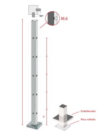 Poste Cuadrado 40 mm de Acero Inoxidable 316 Brillo y Satinado con Rosa Métrica M6 a 90º y Anclaje en la Base