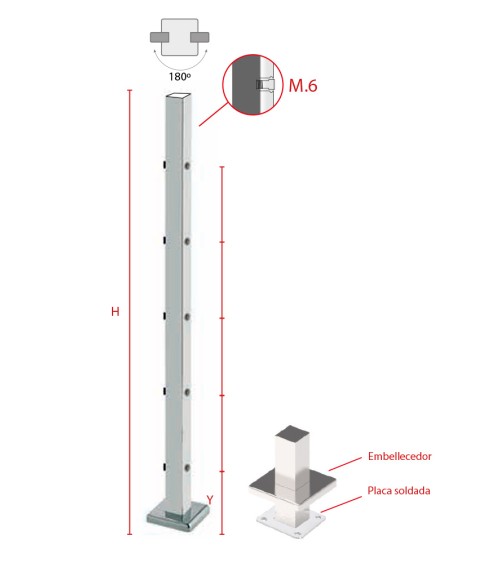 Poste Cuadrado 40 mm de Acero Inoxidable 316 Brillo y Satinado con Rosa Métrica M6 a 180º y Anclaje en la Base