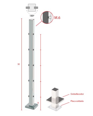Poste Cuadrado 40 mm de Acero Inoxidable 316 Brillo y Satinado con Rosa Métrica M6 a 180º y Anclaje en la Base