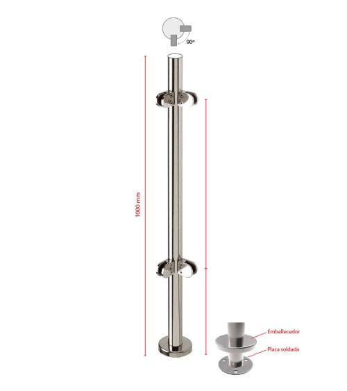 Poste Redondo 43 mm de Acero Inoxidable 316 Brillo y Satinado con Pinzas Redondas para Cristal a 90º