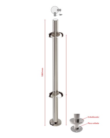 Poste Redondo 43 mm de Acero Inoxidable 316 Brillo y Satinado con Pinzas Redondas para Cristal a 90º