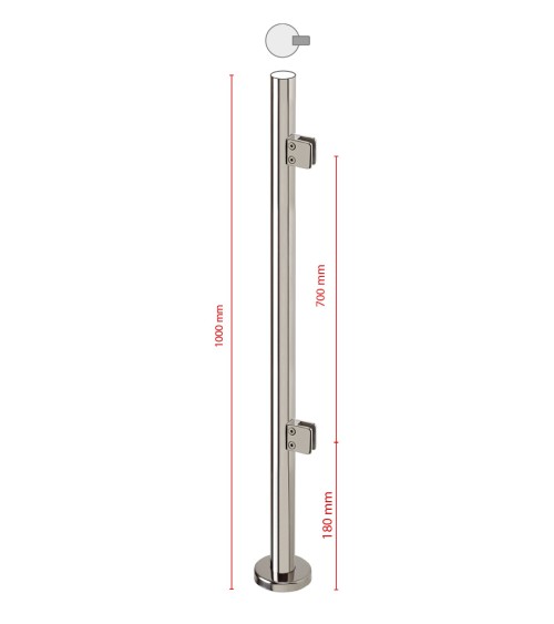 Poste Redondo 43 mm de Acero Inoxidable 316 Brillo y Satinado con Pinzas Cuadradas para Cristal Lateral