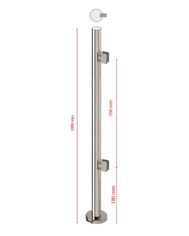 Poste Redondo 43 mm de Acero Inoxidable 316 Brillo y Satinado con Pinzas Cuadradas para Cristal Lateral