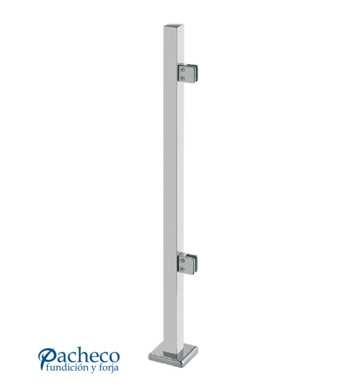 Poste Cuadrado 43 mm de Acero Inoxidable 316 Brillo y Satinado con Pinzas Cuadradas para Cristal Lateral