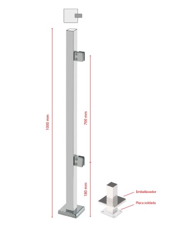 Poste Cuadrado 43 mm de Acero Inoxidable 316 Brillo y Satinado con Pinzas Cuadradas para Cristal Lateral