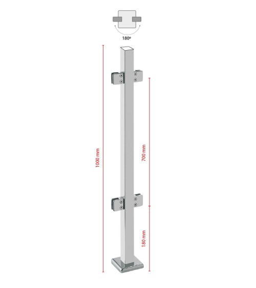 Poste Cuadrado 43 mm de Acero Inoxidable 316 Brillo y Satinado con Pinzas Cuadradas para Cristal a 180º