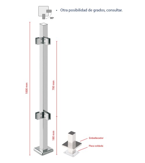 Poste Cuadrado 43 mm de Acero Inoxidable 316 Brillo y Satinado con Pinzas Cuadradas para Cristal a 90º