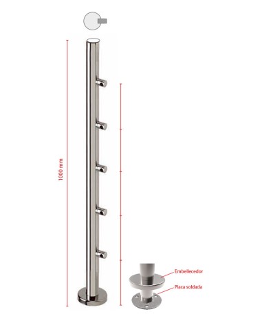 Poste Redondo 43 mm de Acero Inoxidable 316 Brillo y Satinado con Conectores Laterales