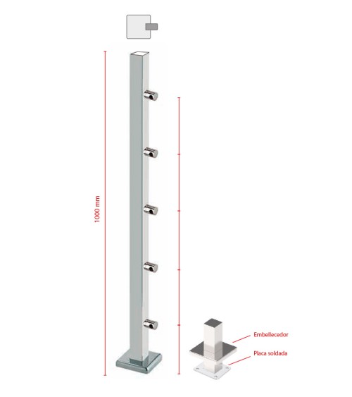 Poste Cuadrado 40 mm de Acero Inoxidable 316 Brillo y Satinado con Conectores Laterales