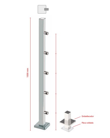 Poste Cuadrado 40 mm de Acero Inoxidable 316 Brillo y Satinado con Conectores Laterales