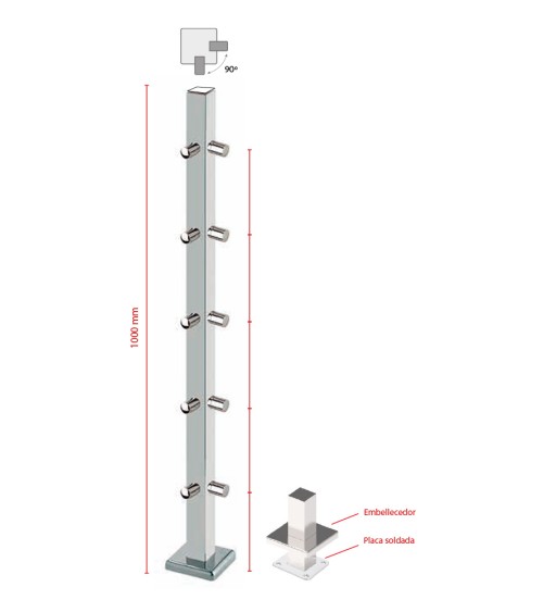 Poste Cuadrado 40 mm de Acero Inoxidable 316 Brillo y Satinado con Conectores a 90º