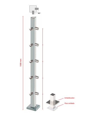 Poste Cuadrado 40 mm de Acero Inoxidable 316 Brillo y Satinado con Conectores a 90º