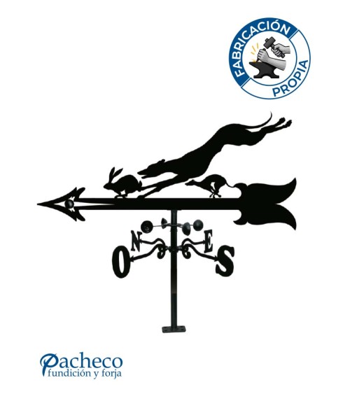 Veleta de Hierro Galgo Persiguiendo Liebre para Tejado - Veleta de Viento con Cazoletas de Caza Fabricada en España