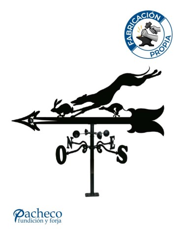 Veleta de Hierro Galgo Persiguiendo Liebre para Tejado - Veleta de Viento con Cazoletas de Caza Fabricada en España