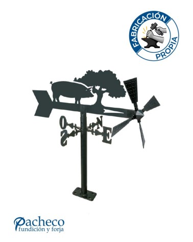 Veleta de Hierro Cerdo Ibérico bajo Encina para Jardín- Veleta de Viento con Aspas Decorativa Fabricada en España