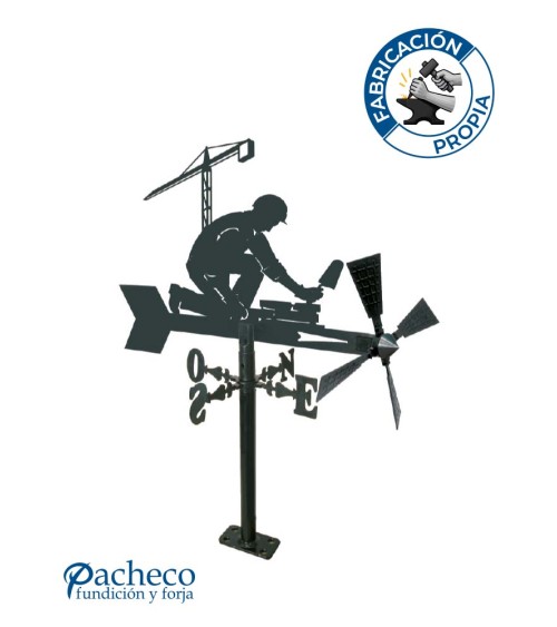 Veleta de Hierro Albañil con Grúa para Jardín - Veleta de Viento con Aspas Oficios Tradicionales Fabricada en España