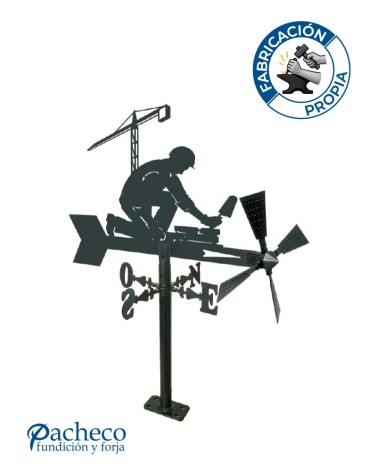 Veleta de Hierro Albañil con Grúa para Jardín - Veleta de Viento con Aspas Oficios Tradicionales Fabricada en España