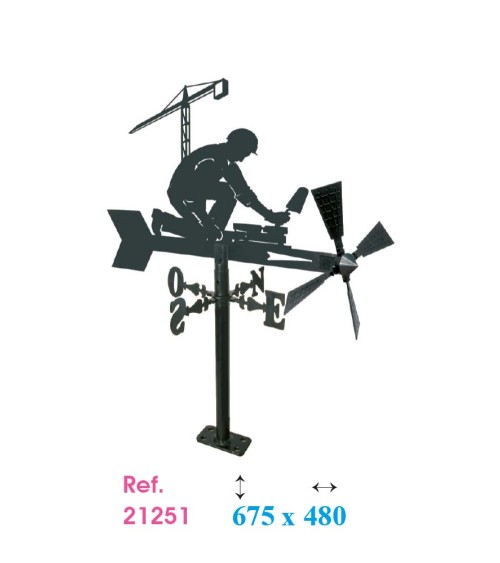 Veleta de Hierro Albañil con Grúa para Jardín - Veleta de Viento con Aspas Oficios Tradicionales Fabricada en España