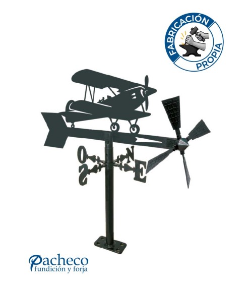 Veleta de Hierro Avión Biplano para Jardín - Veleta de Viento con Aspas Decorativa Fabricada en España